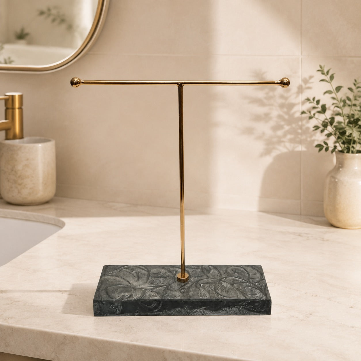  Rose Gold Hand Towel Stand with Black Marble Base 
