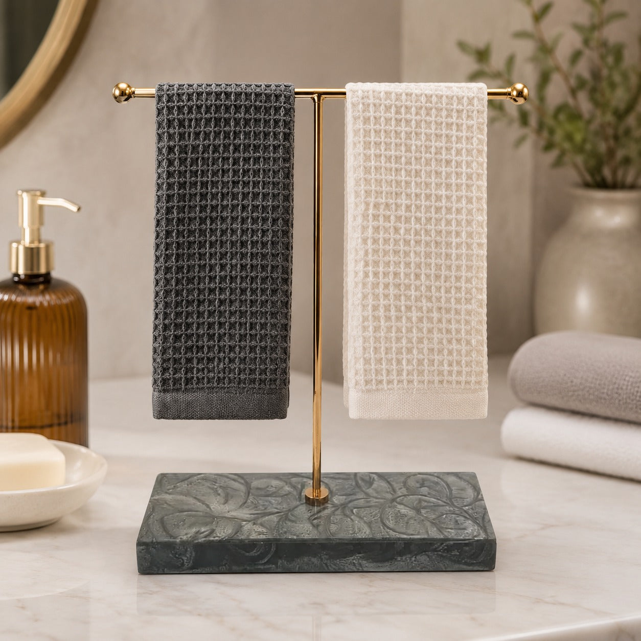 Rose Gold Hand Towel Stand with Black Marble Base