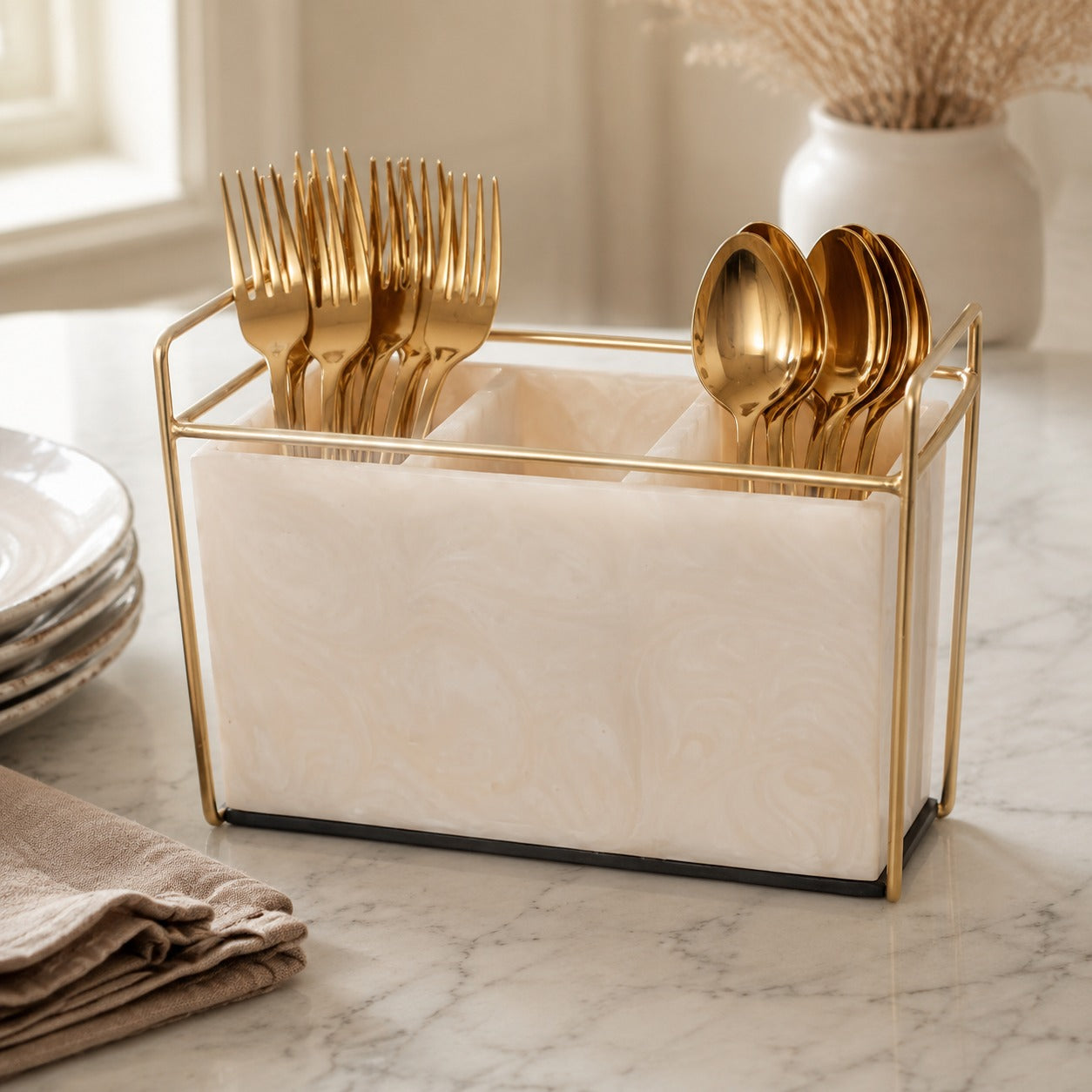 Premium Ivory Resin Cutlery Holder With Three Partition