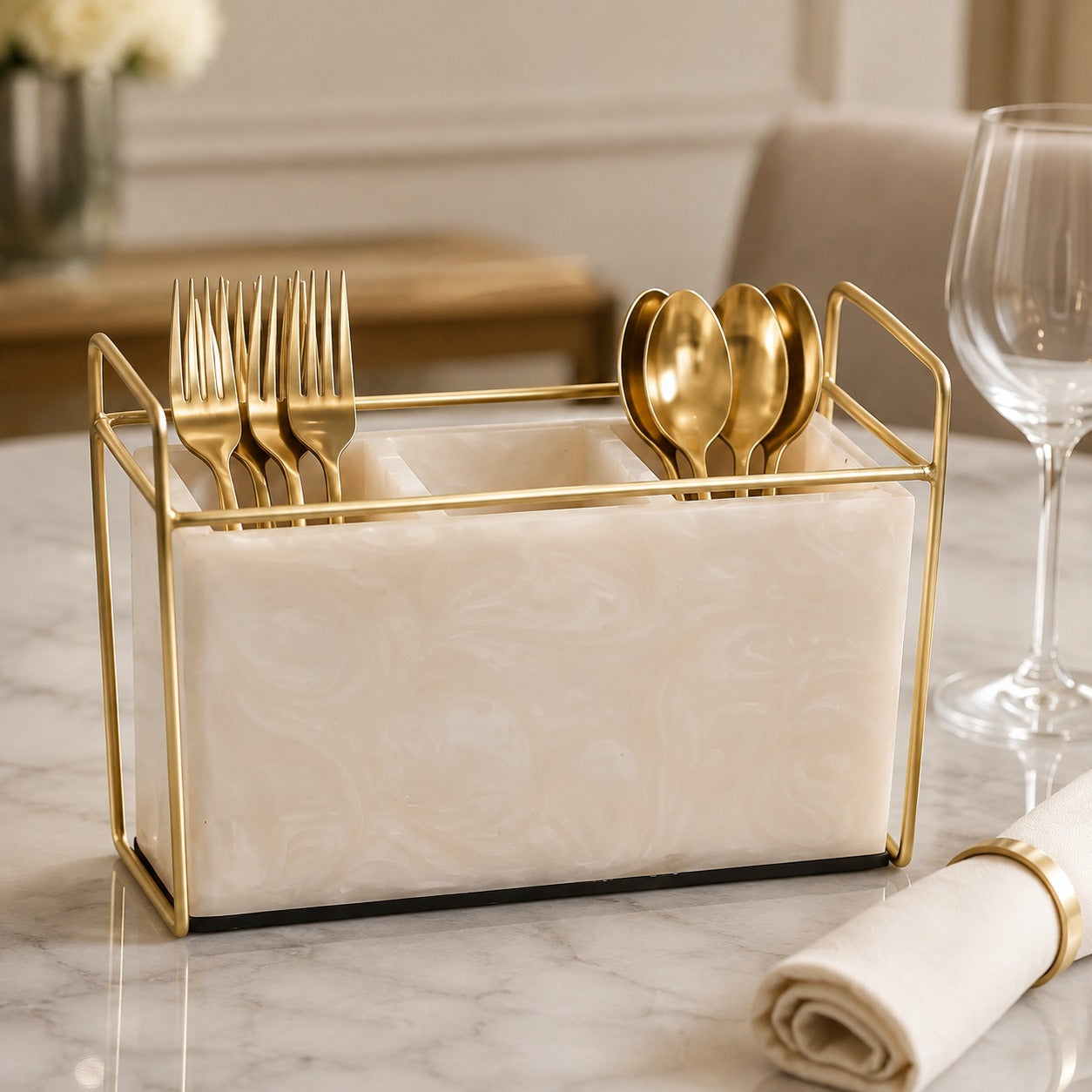 Premium Ivory Resin Cutlery Holder With Three Partition