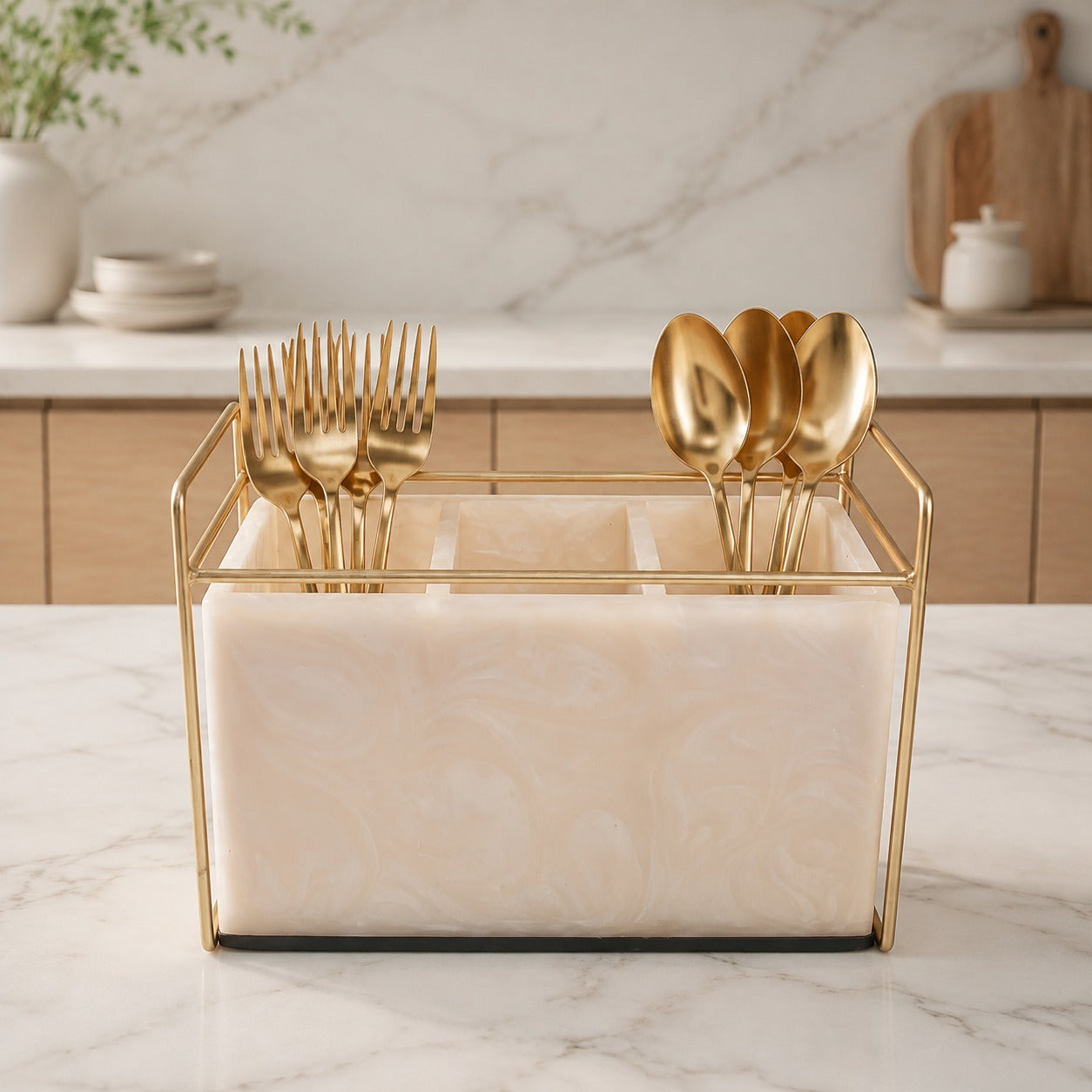  Premium Ivory Resin Cutlery Holder With Three Partition 