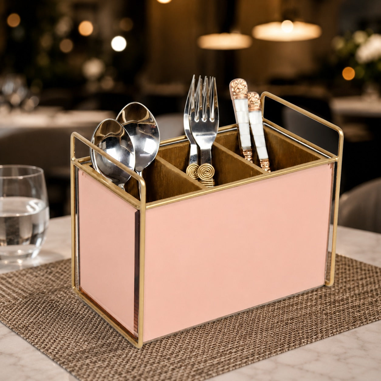  Luxury Rose Golden Glass Cutlery Holder With Three Partition 