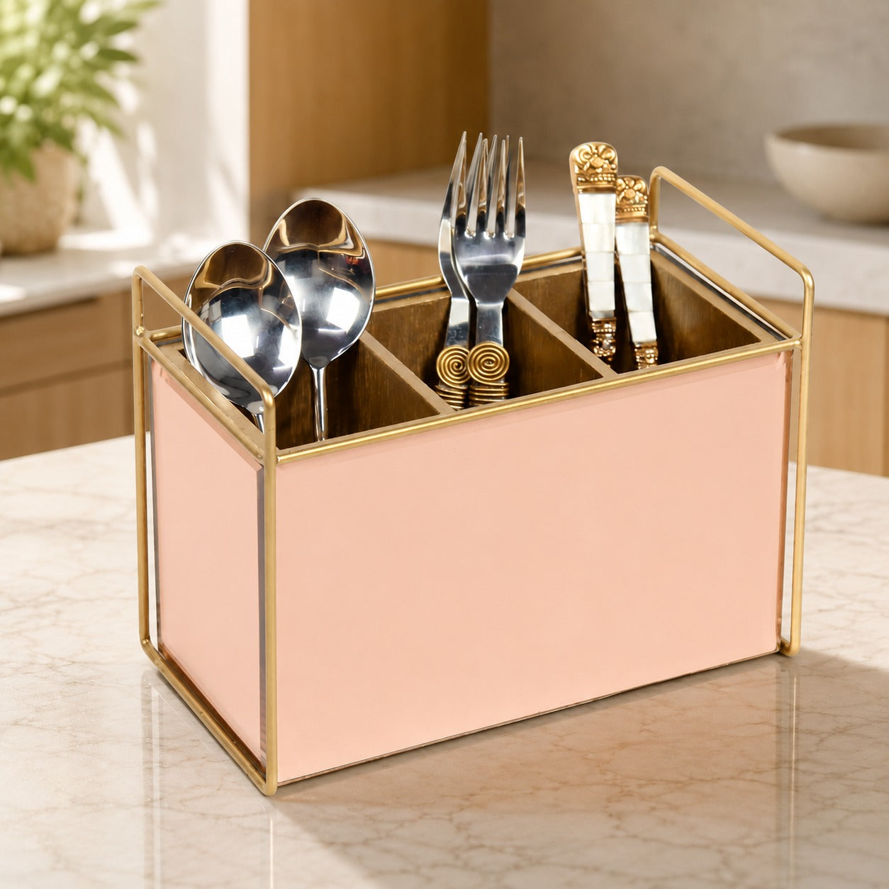  Luxury Rose Golden Glass Cutlery Holder With Three Partition 