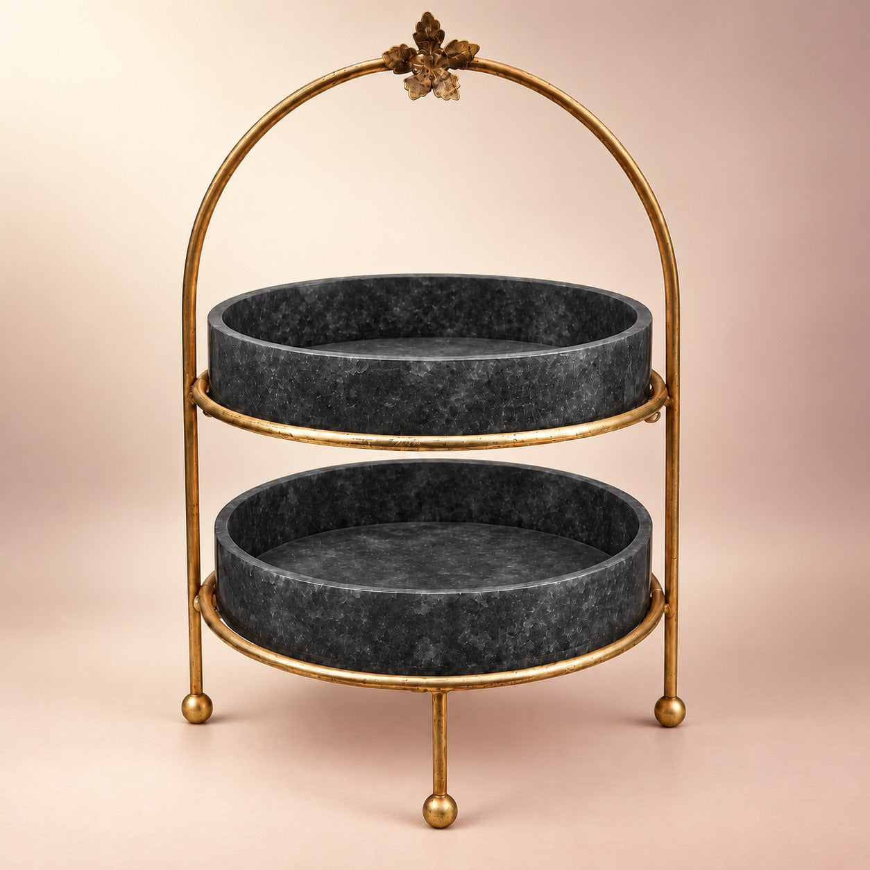 Premium Metal Medium Dome Shape Double Tray Food Platter (Black Colour)