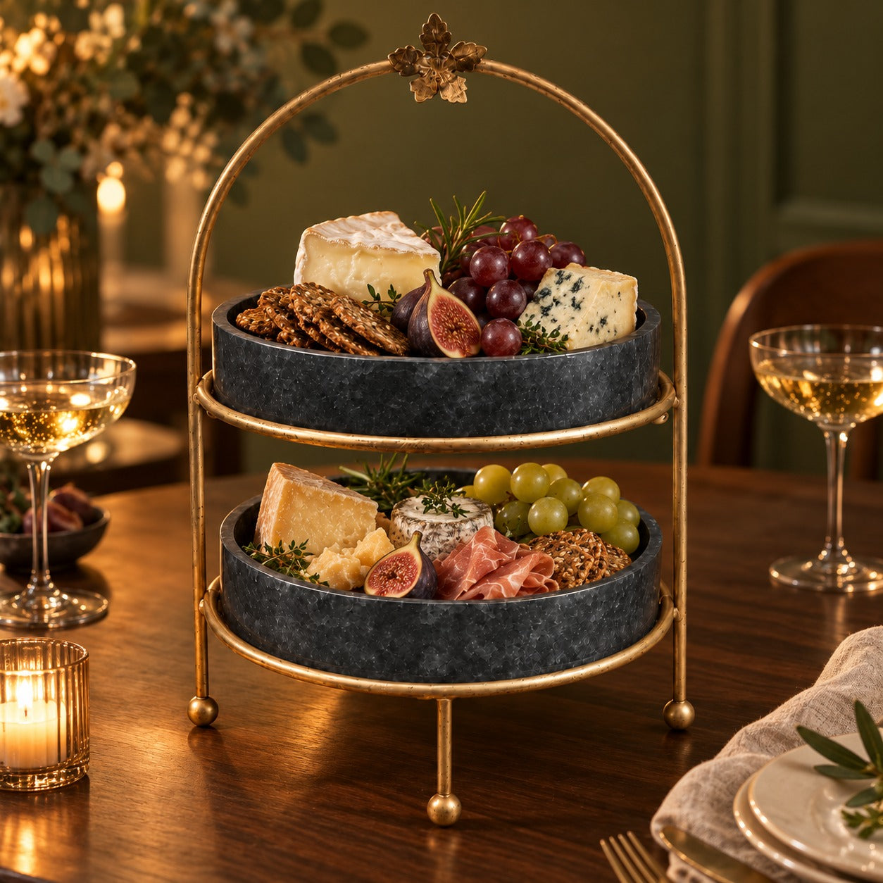 Premium Metal Medium Dome Shape Double Tray Food Platter (Black Colour)