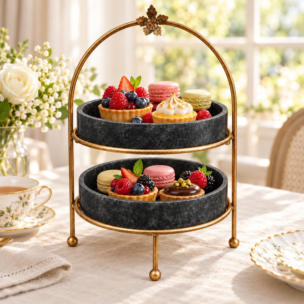 Premium Metal Medium Dome Shape Double Tray Food Platter (Black Colour)