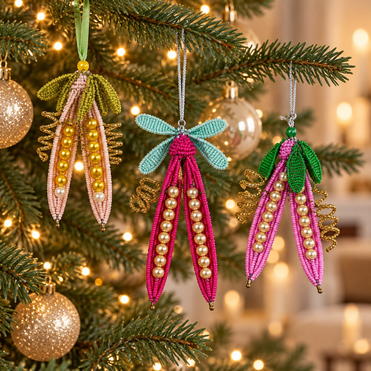 Handcrafted Beaded Christmas Carrot Ornaments with Pearl Detailing – Set of 3