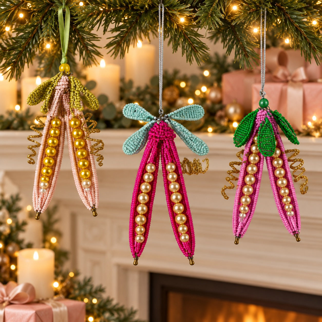 Handcrafted Beaded Christmas Carrot Ornaments with Pearl Detailing – Set of 3