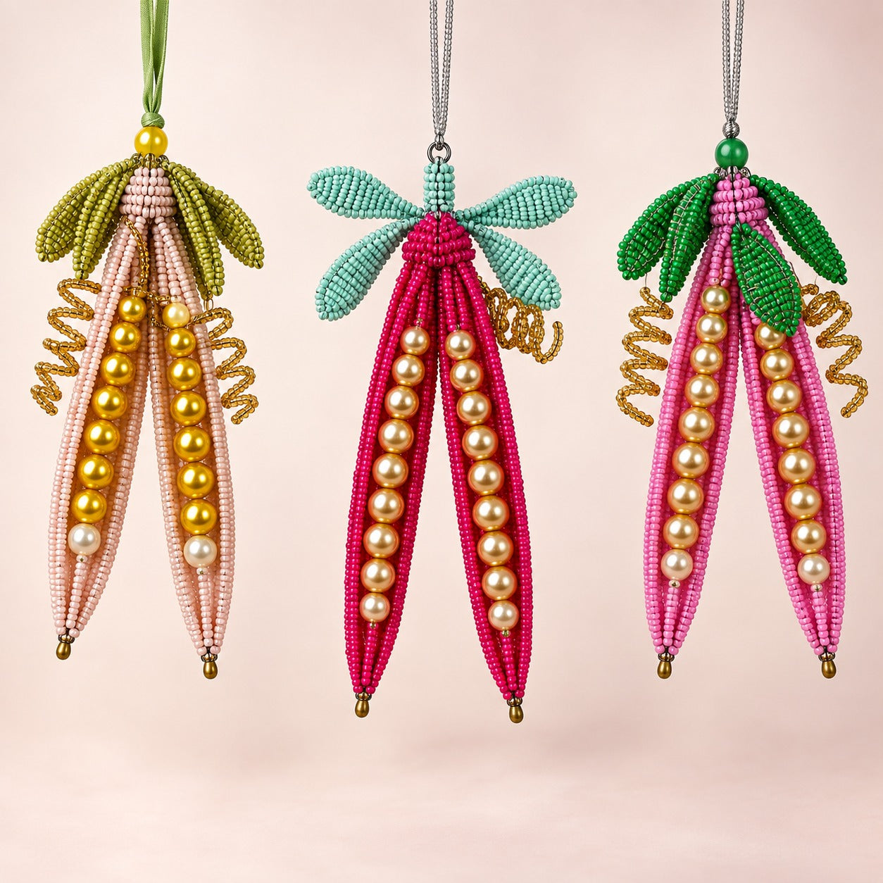 Handcrafted Beaded Christmas Carrot Ornaments with Pearl Detailing – Set of 3