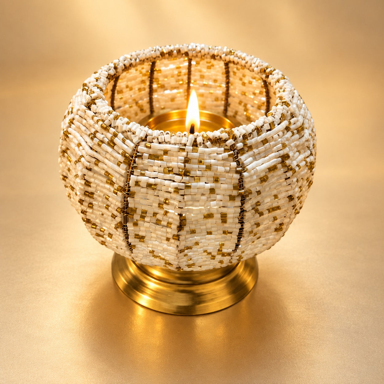 Handcrafted White & Gold Beaded Tealight Holder with Brass Base