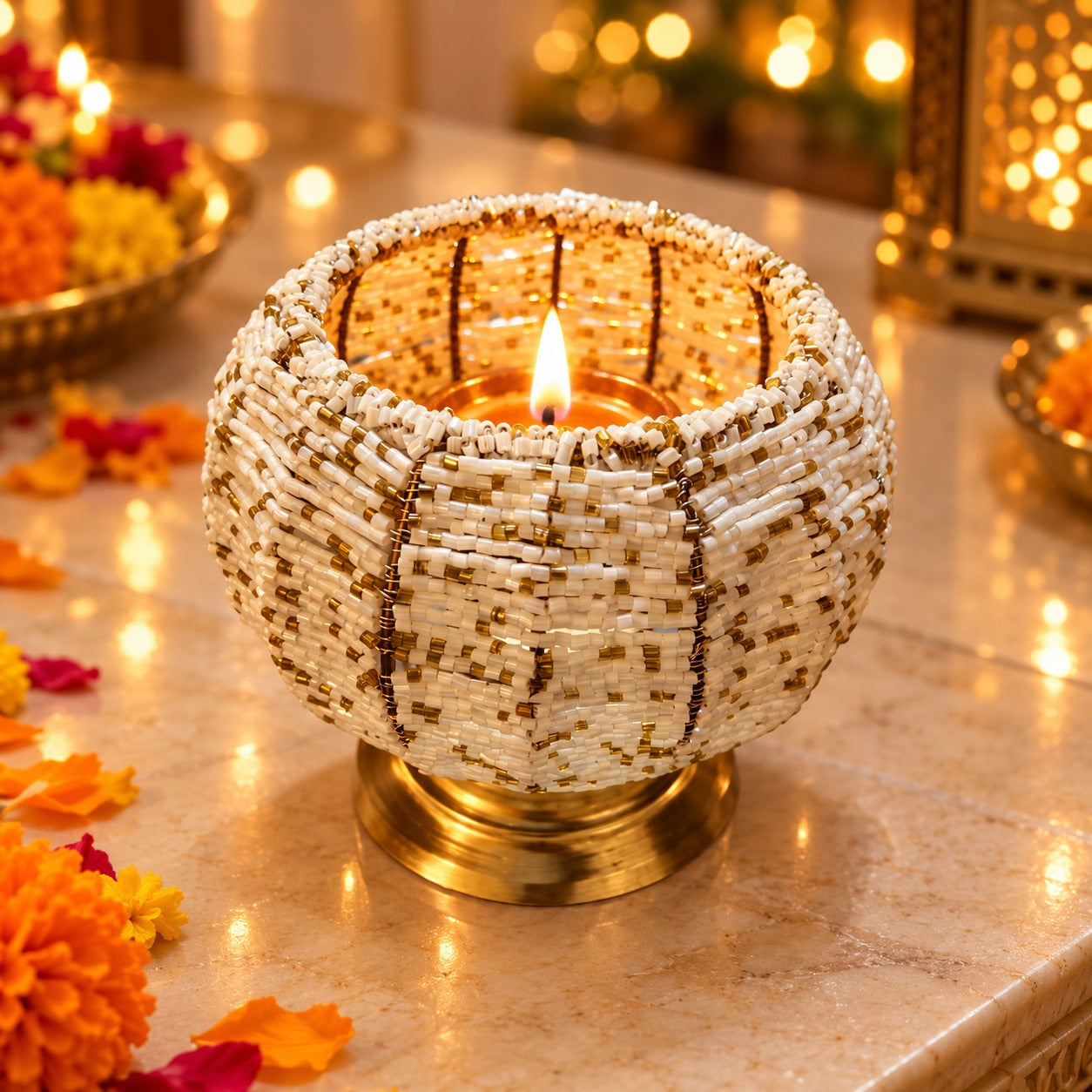 Handcrafted White & Gold Beaded Tealight Holder with Brass Base