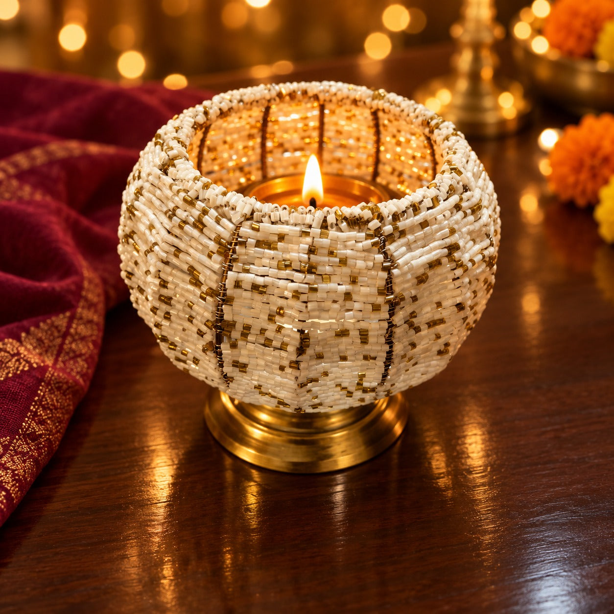 Handcrafted White & Gold Beaded Tealight Holder with Brass Base