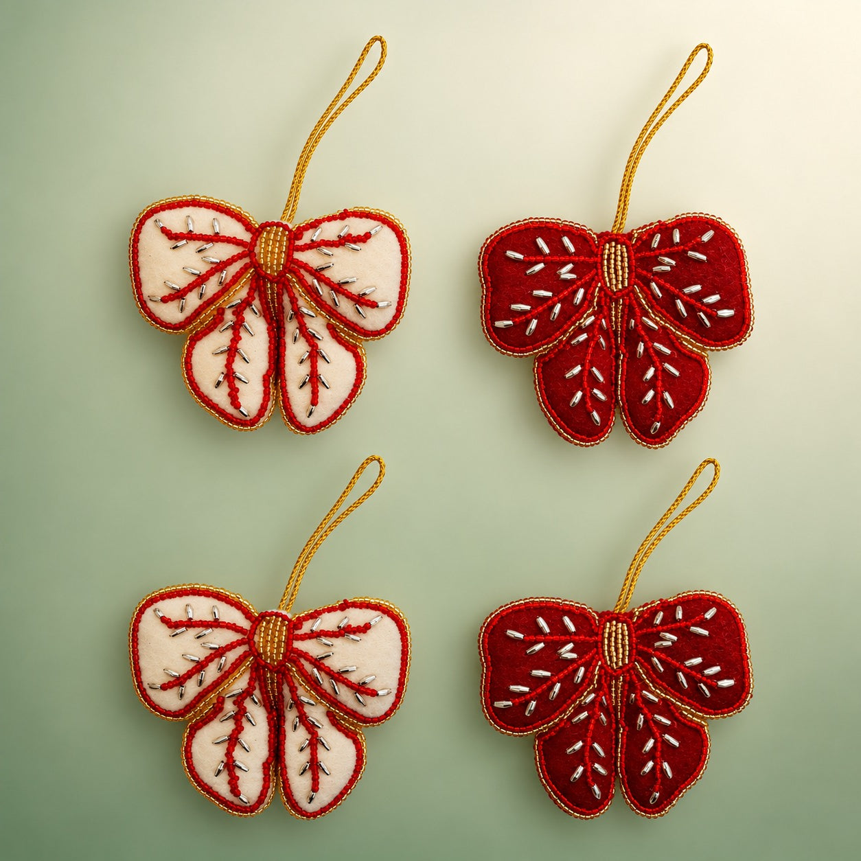 Set of 4 Embroidered Bow Shaped Christmas Ornament