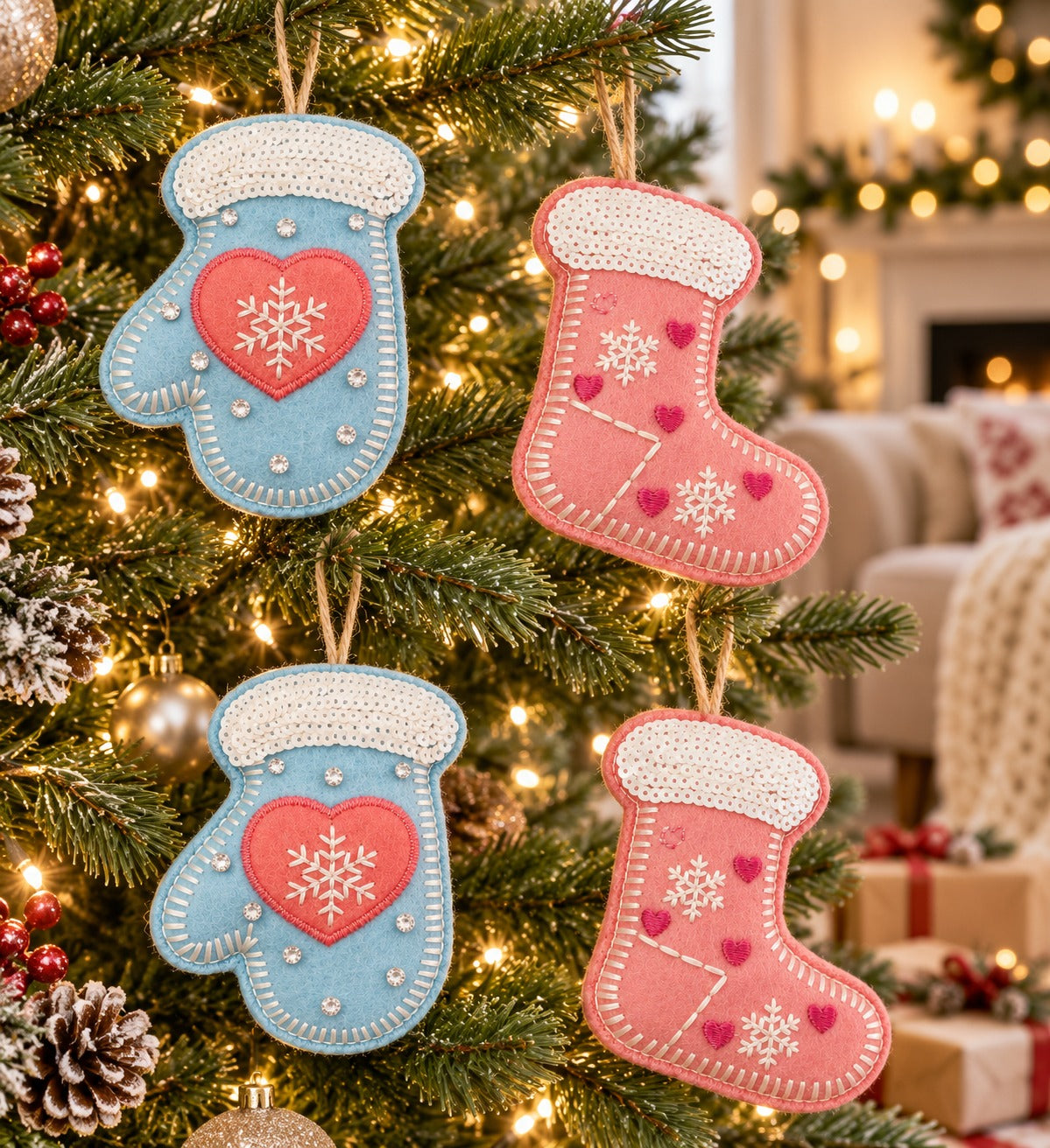 Set of 4 Embroidered Gloves and Stockings Christmas Hanging