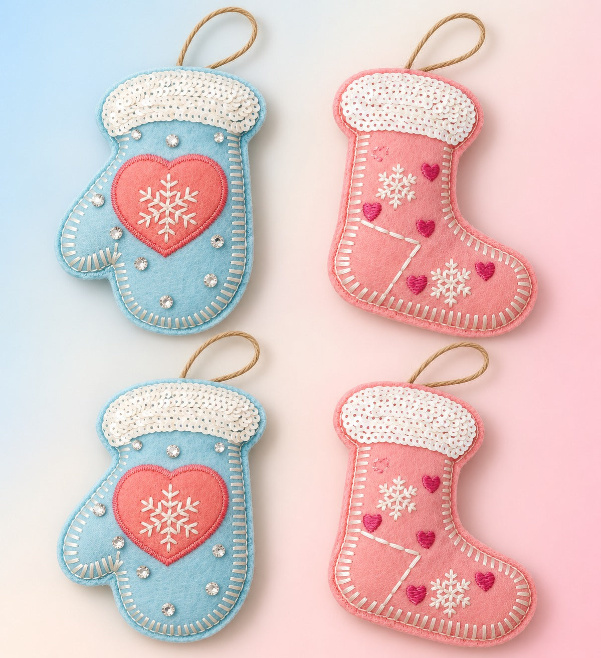 Set of 4 Embroidered Gloves and Stockings Christmas Hanging