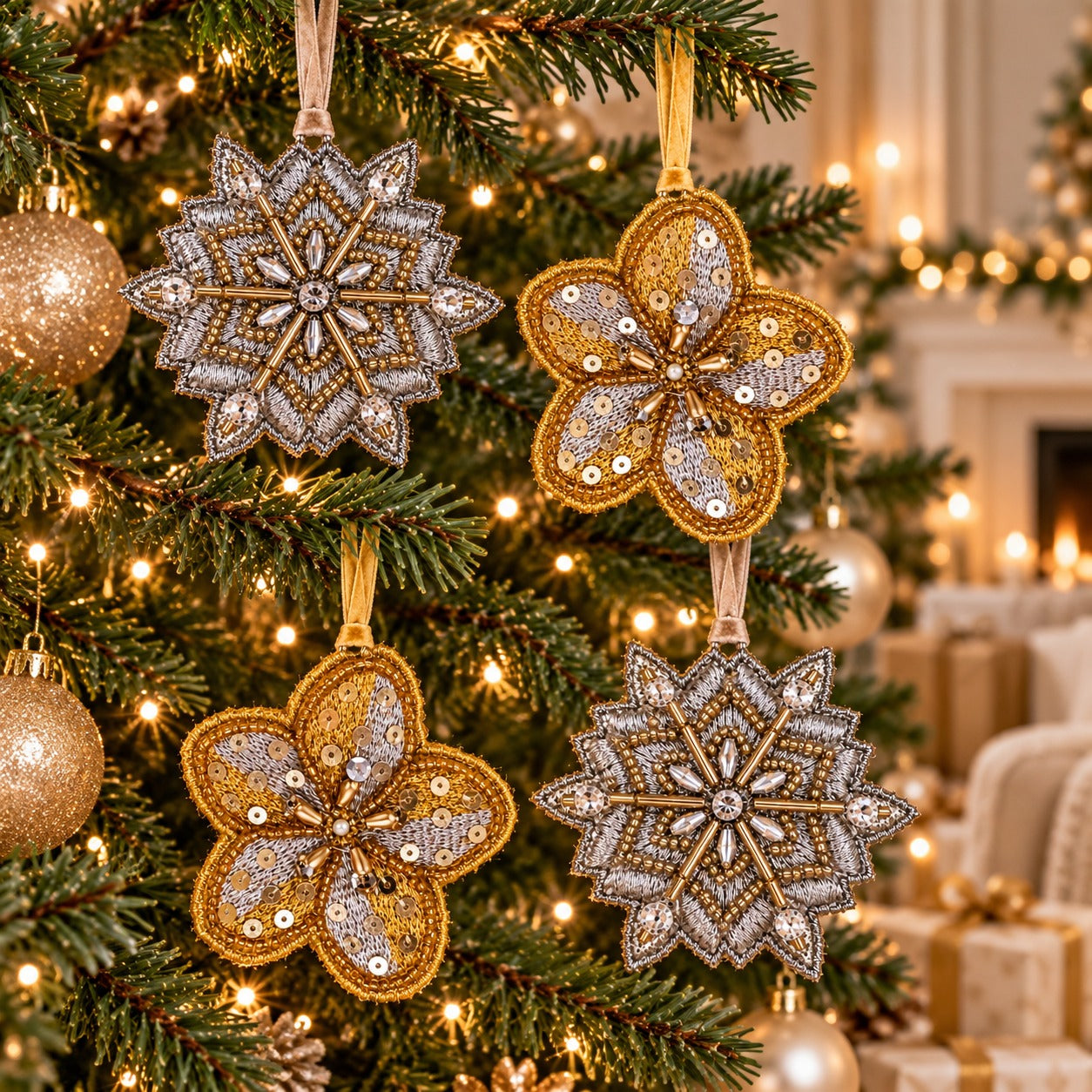 Set of 4 Embroidered Snowflakes Christmas Hanging Ornaments