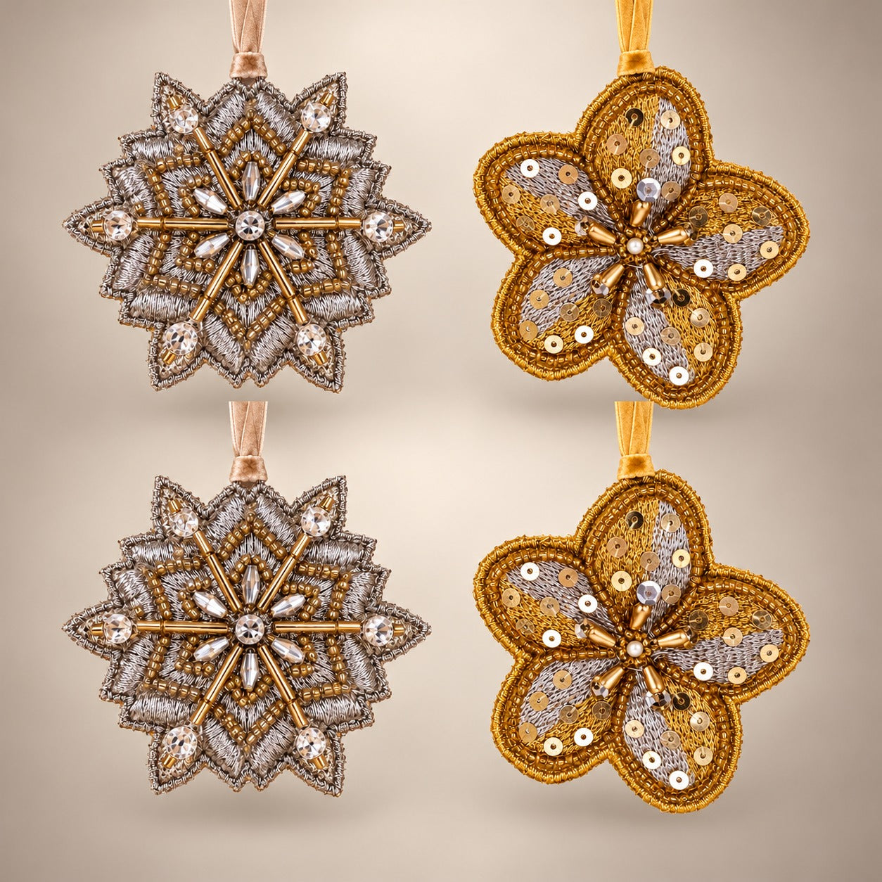 Set of 4 Embroidered Snowflakes Christmas Hanging Ornaments