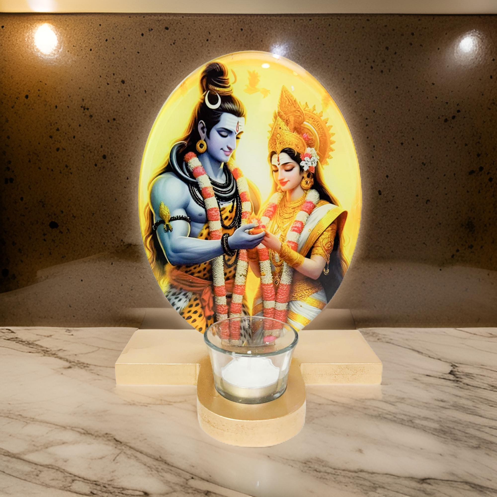 Lord Shiva and Parvati Ji Printed Mirror Frame with T-lite Table top-TH-5691