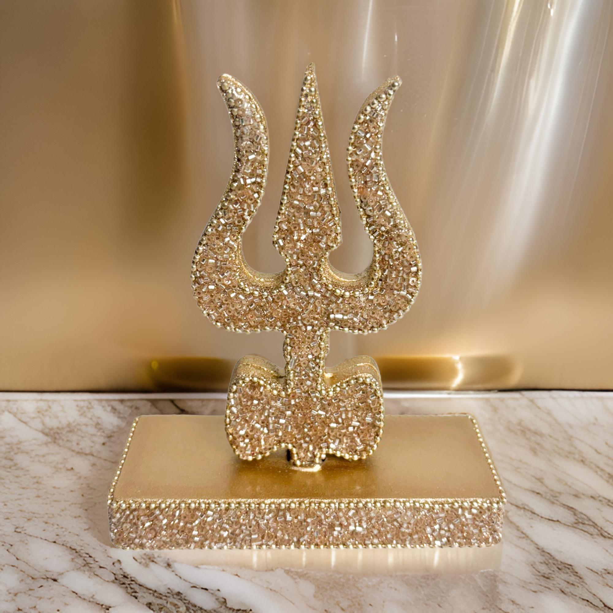 Decorative Lord Shiva Trishul with Glitter, Gold Color, Religious Table Décor