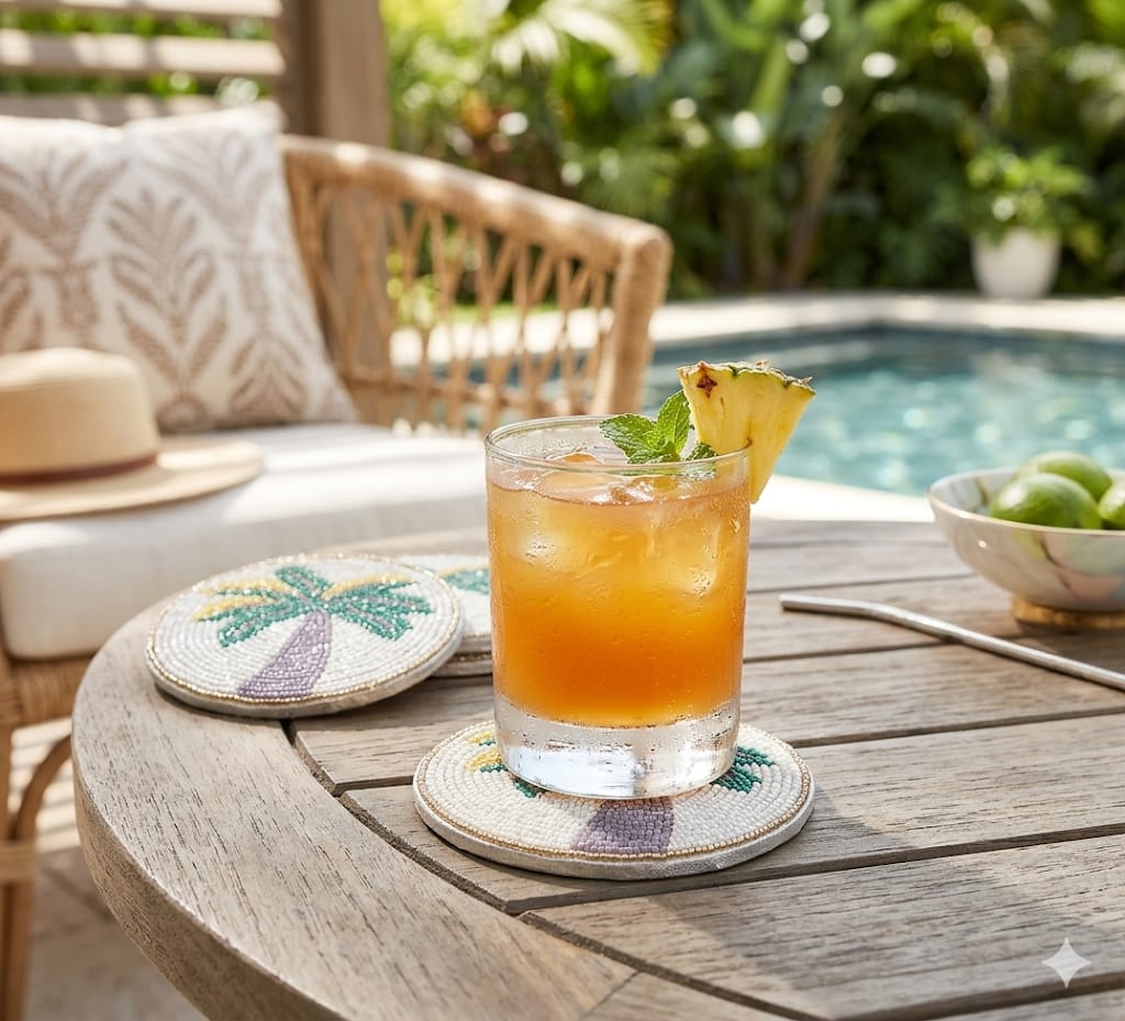 Palm Tree Beaded Round Coaster Set of Four
