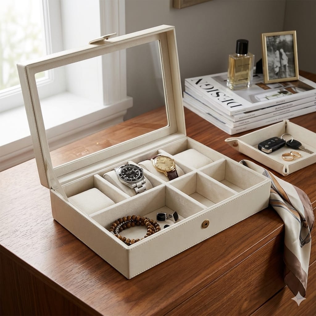  High-Quality Ivory PU Watch and Glasses Organizer Box 