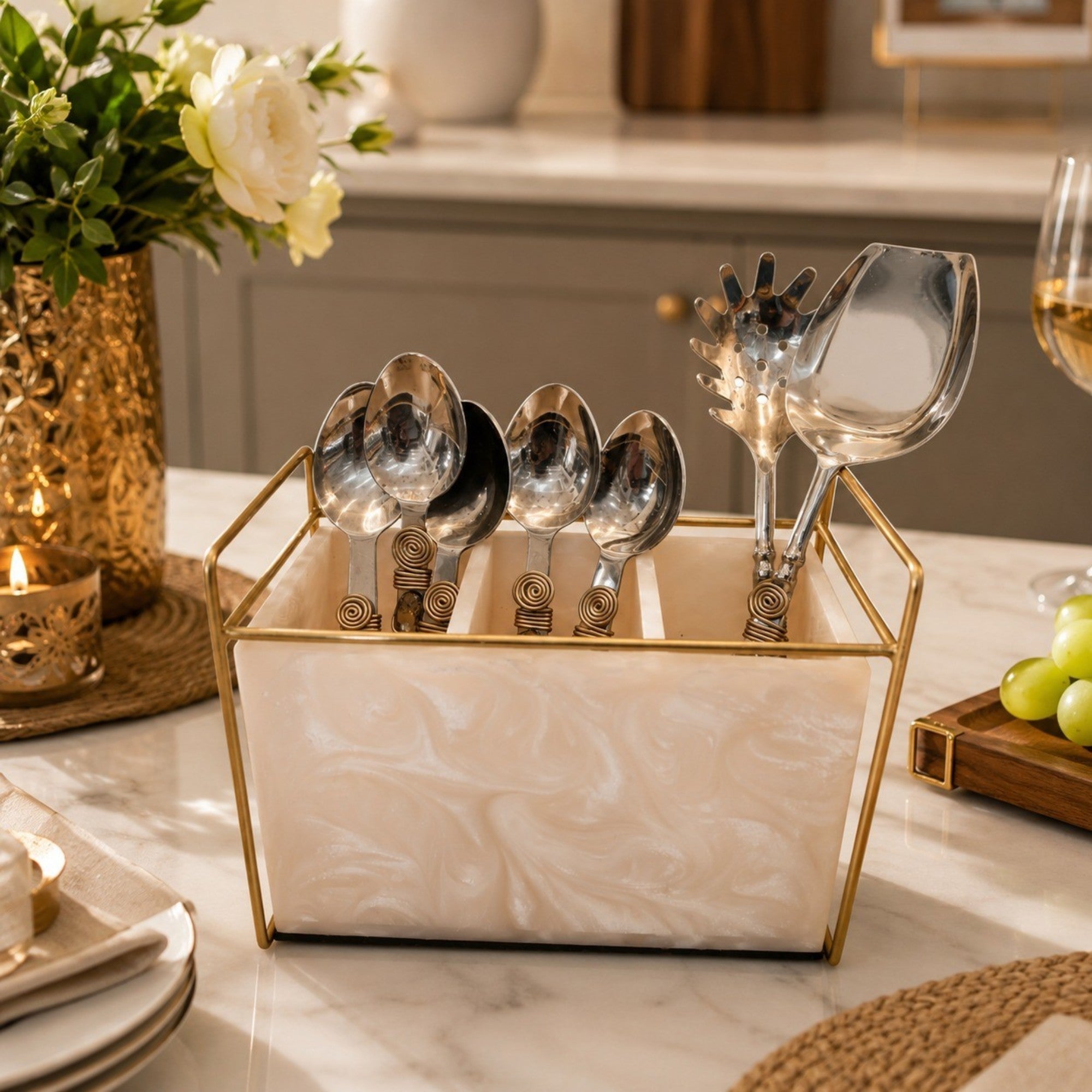 Premium Ivory Resin Cutlery Holder With Three Partition