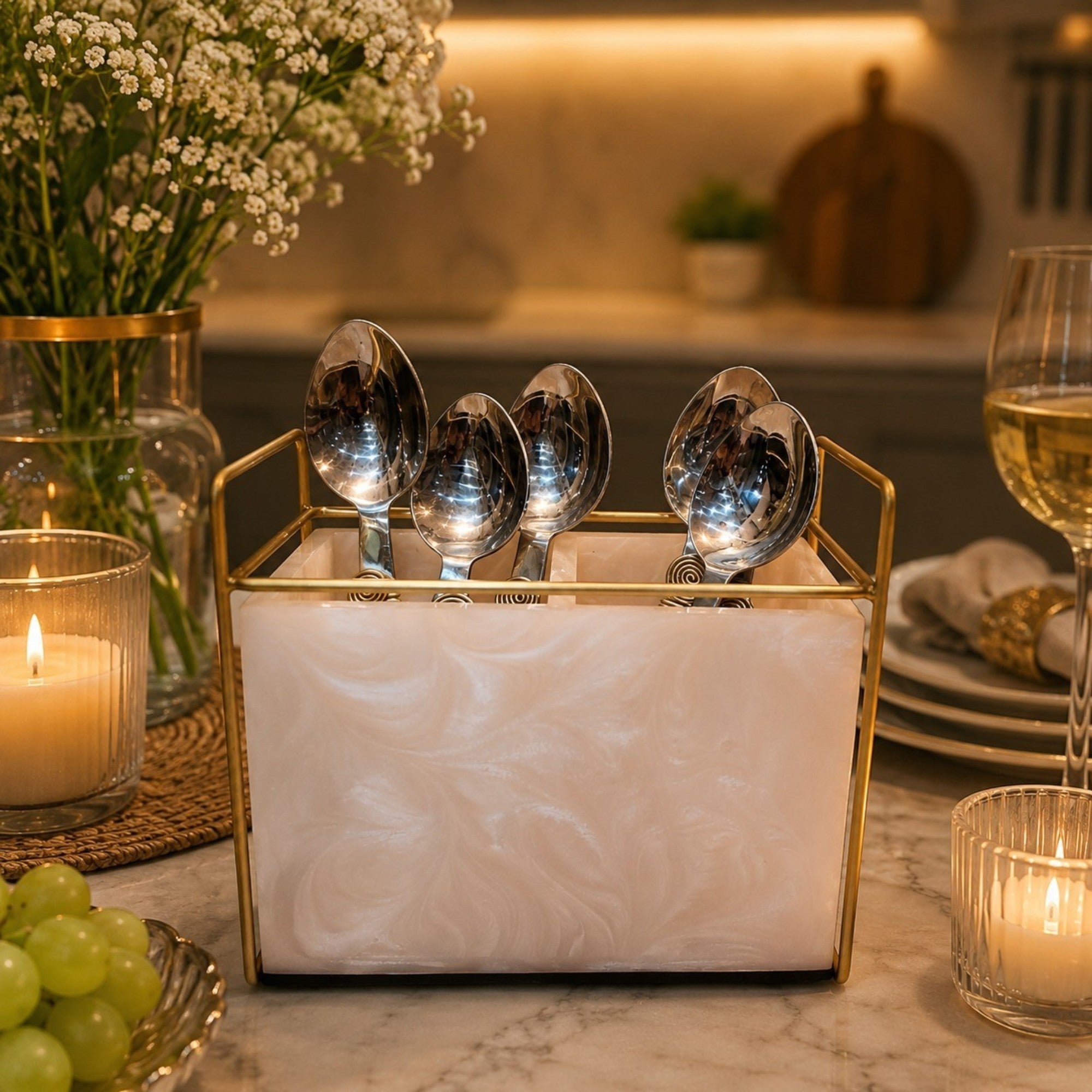 Premium Ivory Resin Cutlery Holder With Two Partition