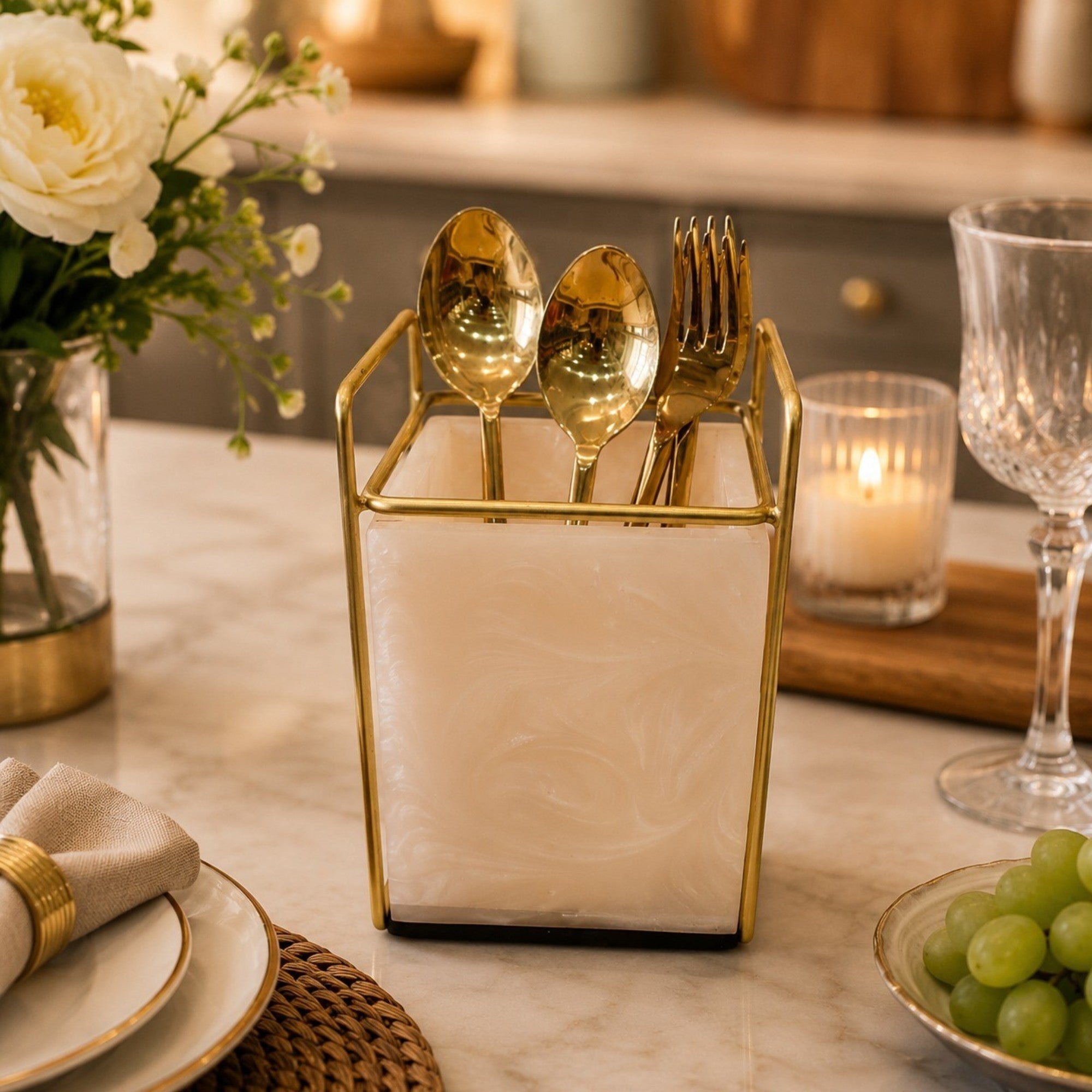 Premium Ivory Resin Cutlery Holder With Single Partition