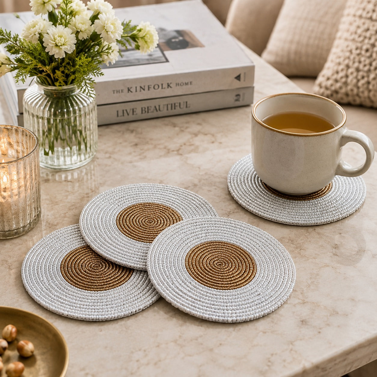 Round Beaded Coaster in Ivory / Gold Colour Set of Four