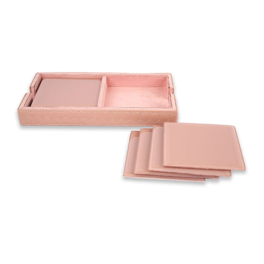 Pink Glass Coaster Set of Eight  & Leatherite Caddy Tray
