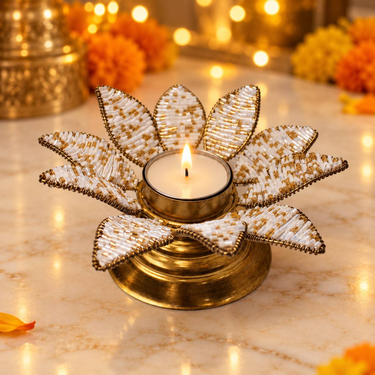 Handcrafted White & Gold Beaded Lotus Tealight Holder