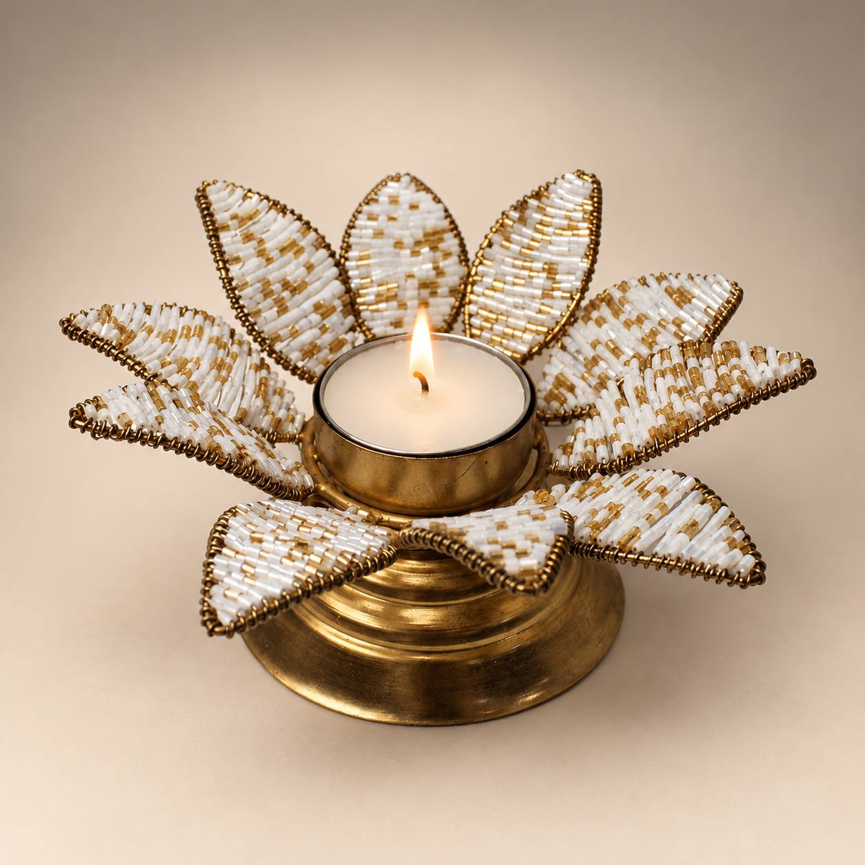 Handcrafted White & Gold Beaded Lotus Tealight Holder