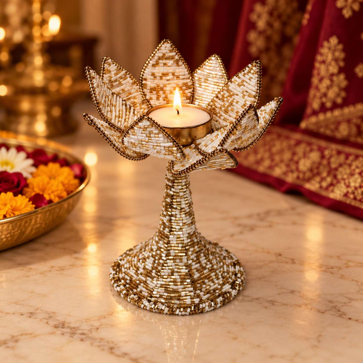 Handcrafted White & Golden Beaded Lotus Tealight Holder