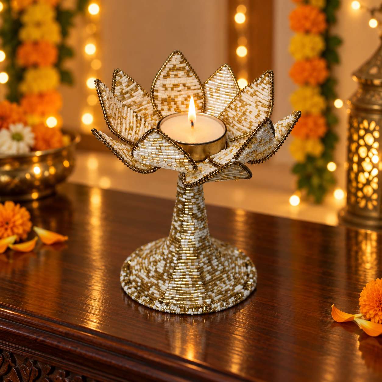 Handcrafted White & Golden Beaded Lotus Tealight Holder