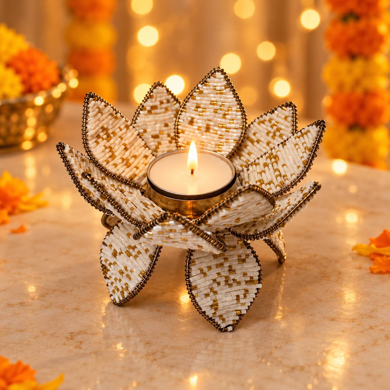  Handcrafted White & Gold Beaded Lotus Tealight Holder 