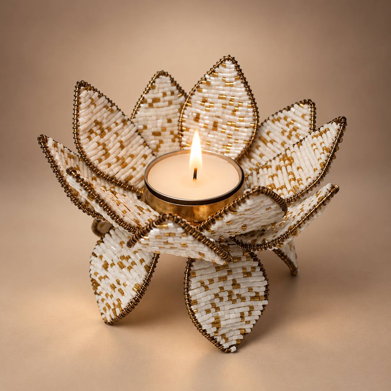  Handcrafted White & Gold Beaded Lotus Tealight Holder 
