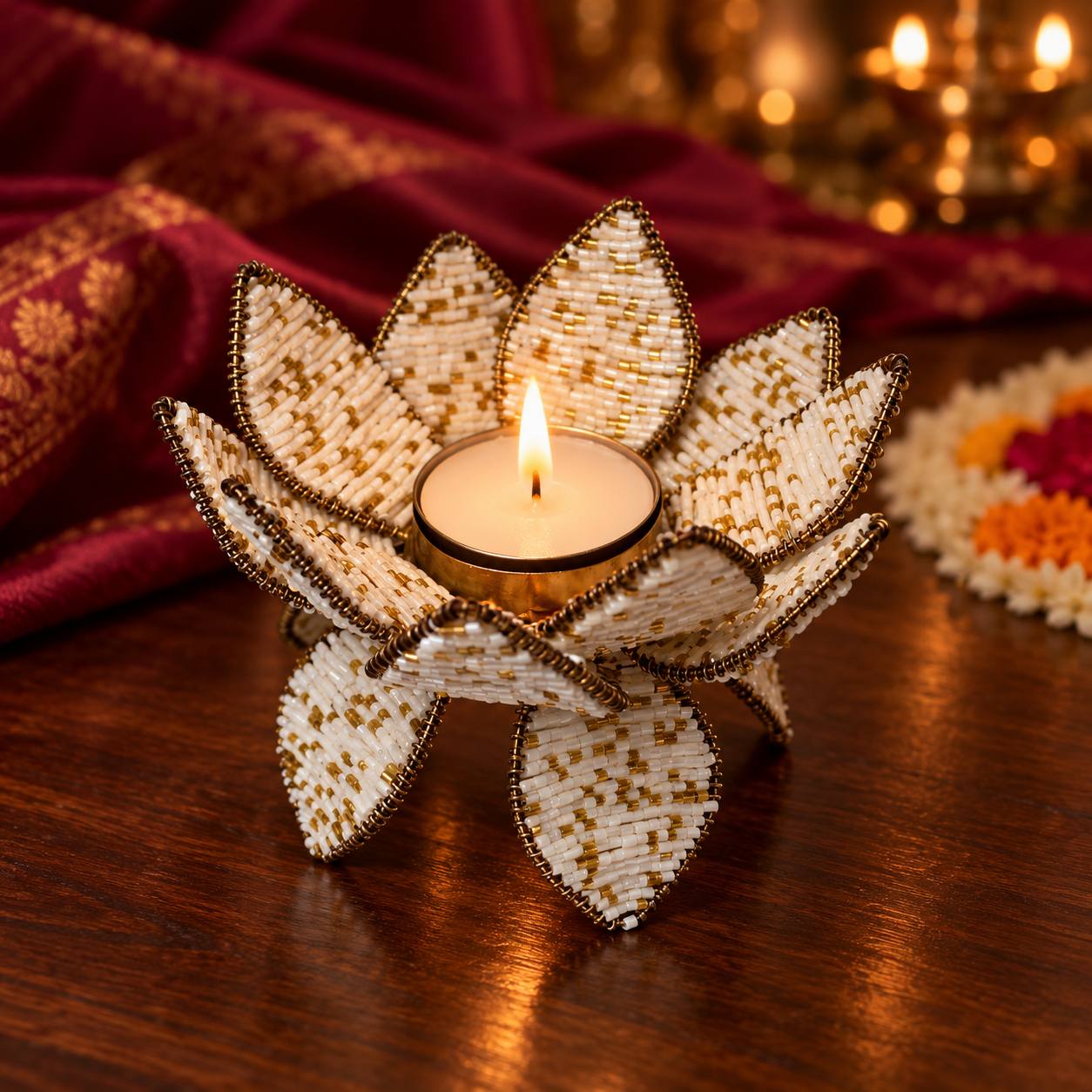 Handcrafted White & Gold Beaded Lotus Tealight Holder