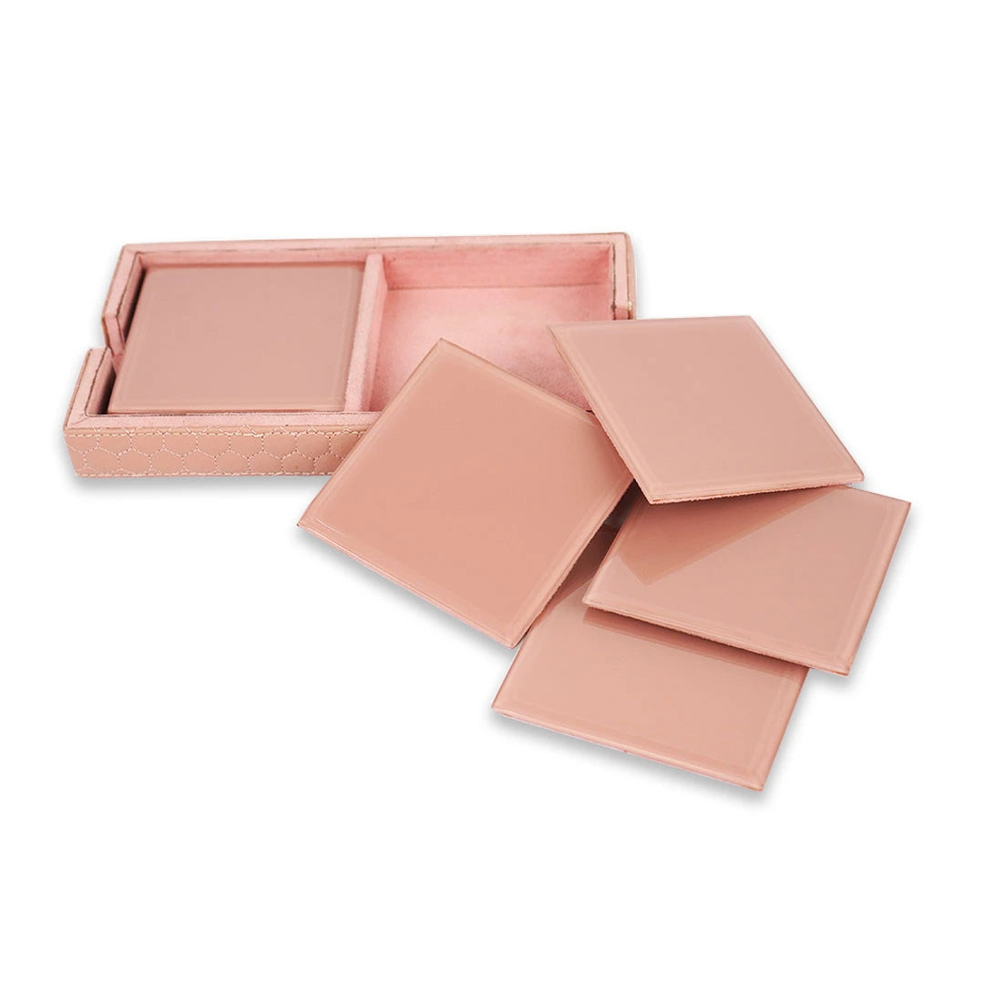 Pink Glass Coaster Set of Eight  & Leatherite Caddy Tray