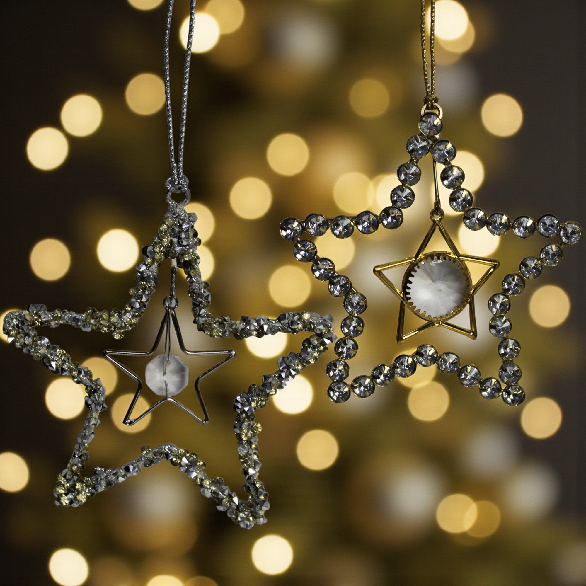  Set of 2 Jewelled Star Hanging Ornaments for Christmas Tree 