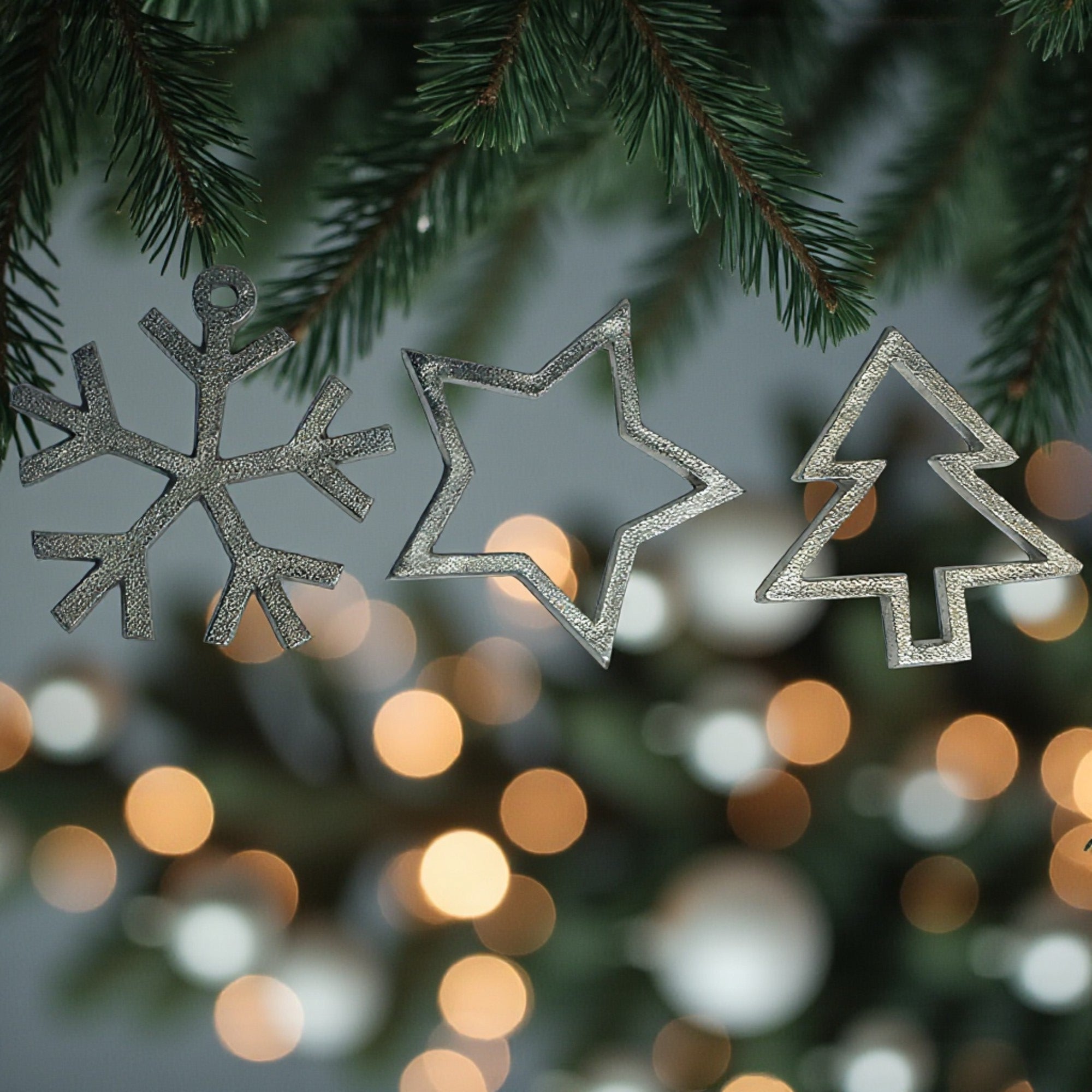  Set of 3 Silver Metal "Star / Snowflake / Tree " Hanging Christmas Ornaments 