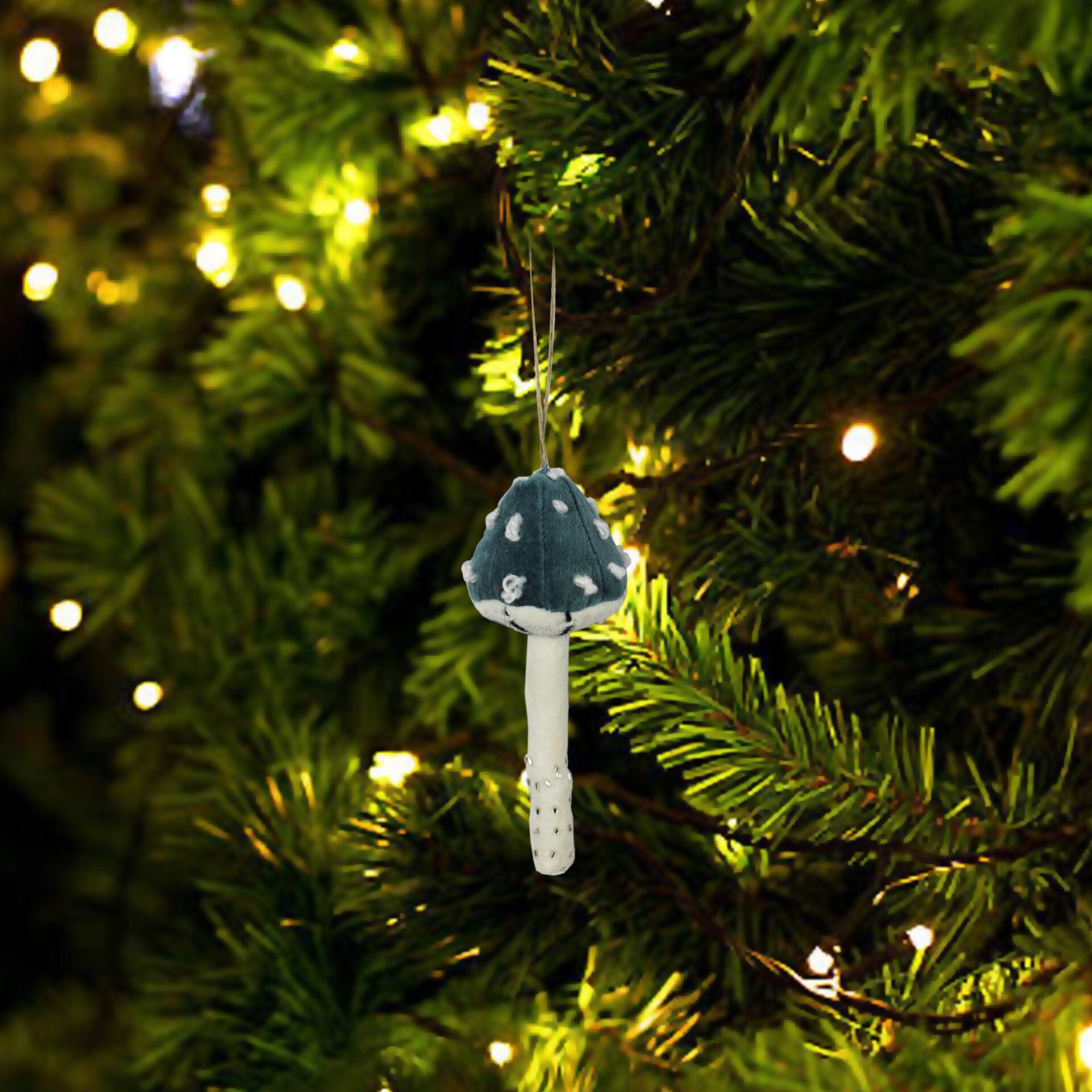  Set of 2 Embroidered "Mushroom" Shaped Christmas Tree Ornaments 