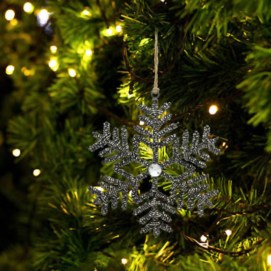 Set of 2 Grey Beaded Snowflake Shaped Christmas Tree Hanging Ornaments