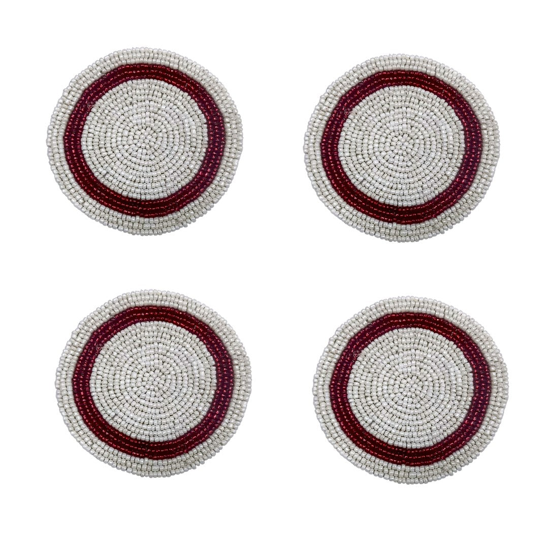Round Beaded Coaster in Ivory / Red Colour Set of Four