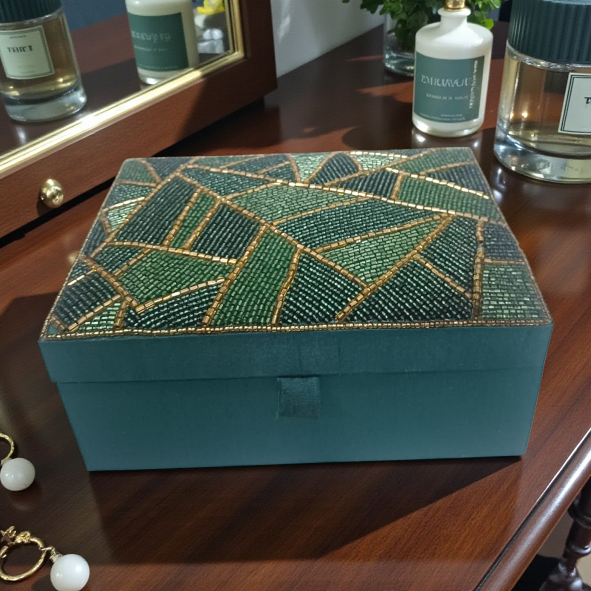 Dark Green Fabric Jewelry Box with Golden Beaded Pattern