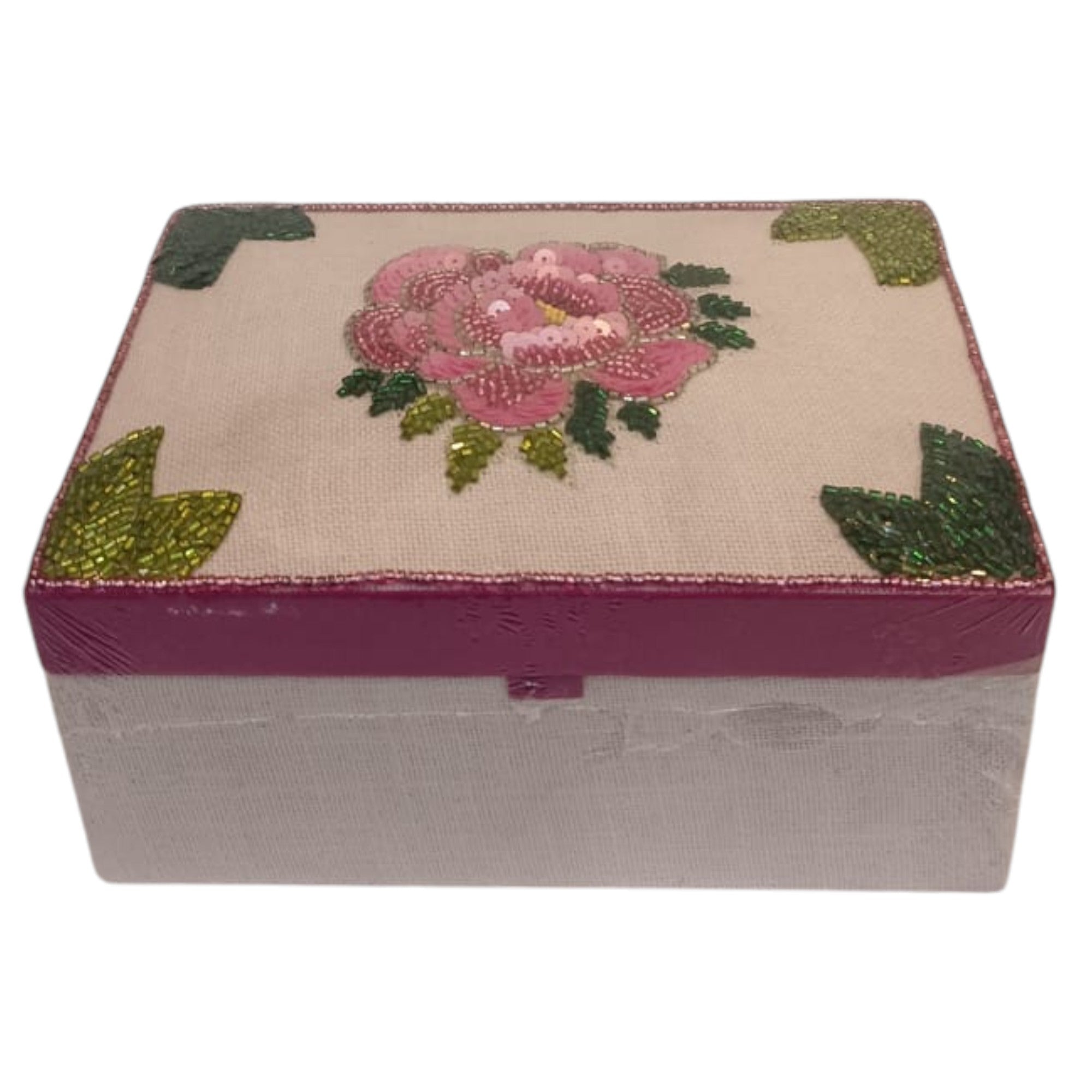 Artisan Beaded Keepsake Box – Hand-Embellished Floral Motif for Valentine
