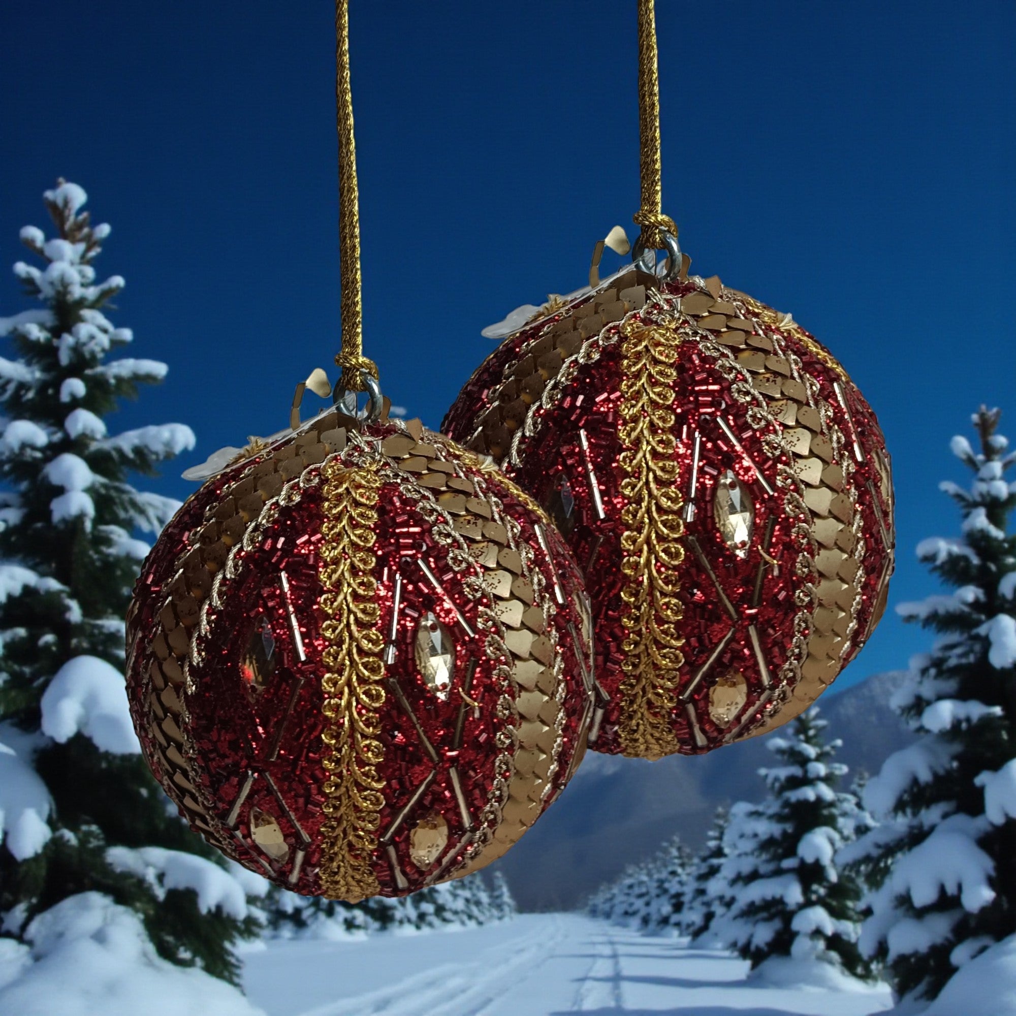  Set of 2 Multicolored Embellished Christmas Tree Hanging Balls Ornaments 
