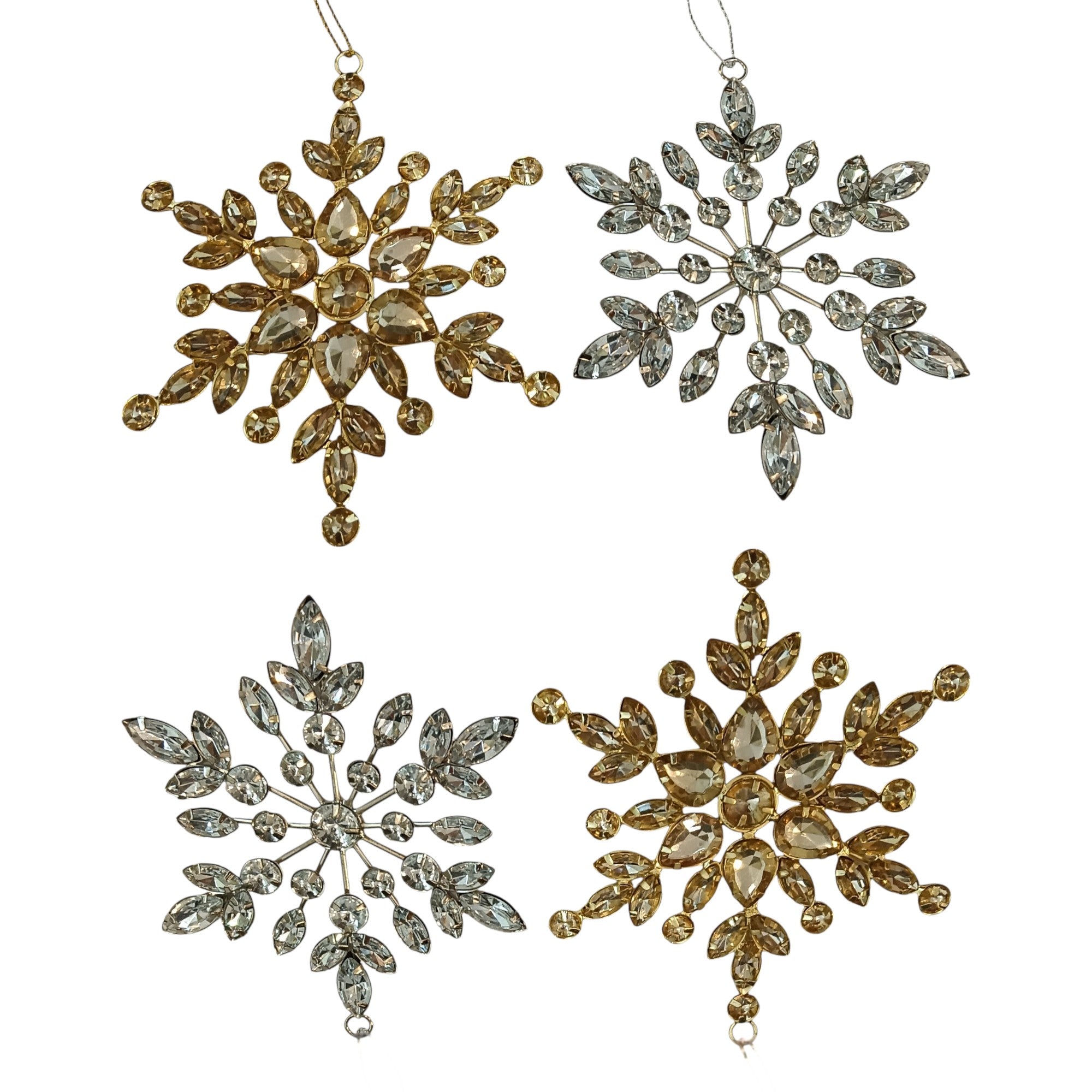  Set of 4 Jewelled Snowflake Hanging Ornaments for Christmas Tree 