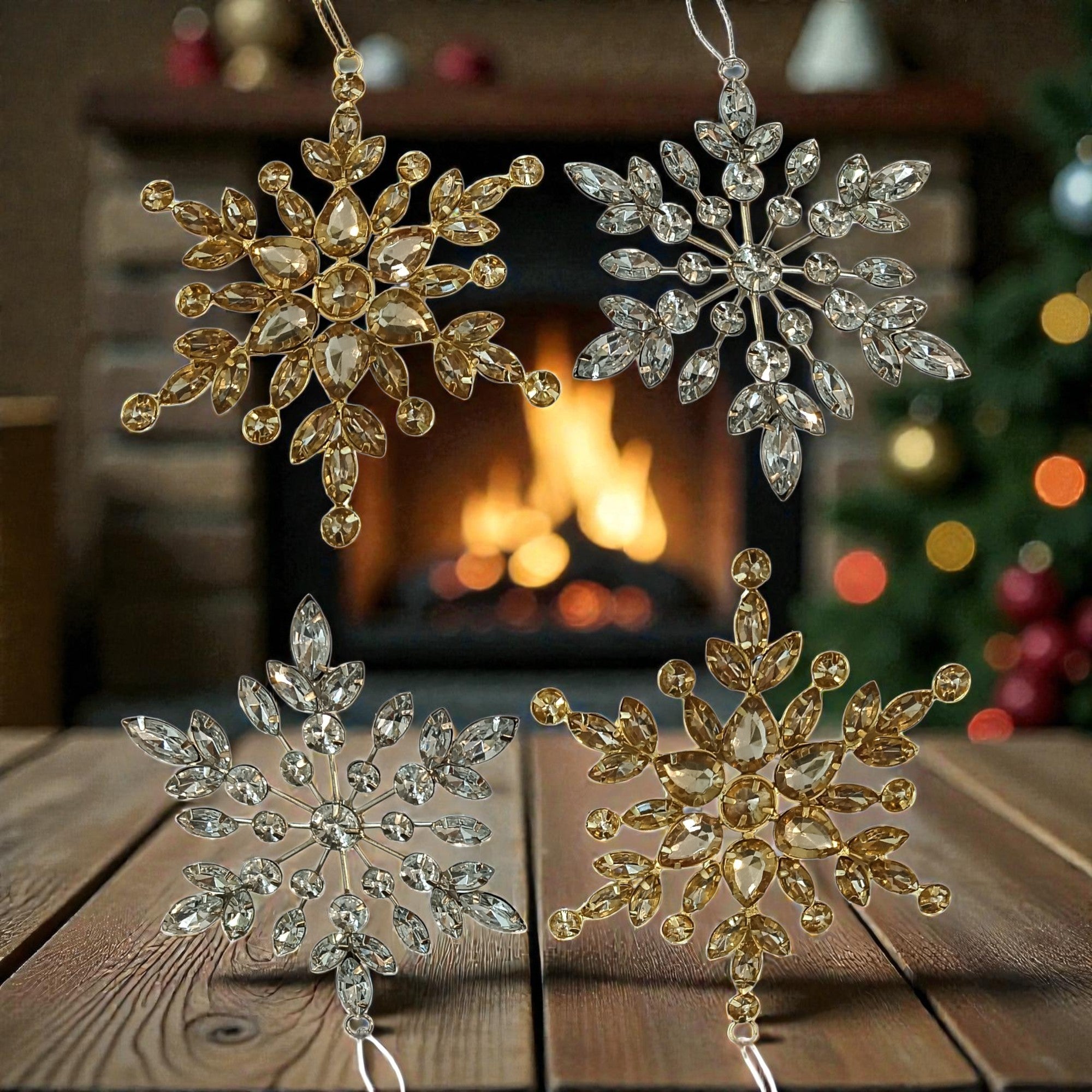  Set of 4 Jewelled Snowflake Hanging Ornaments for Christmas Tree 