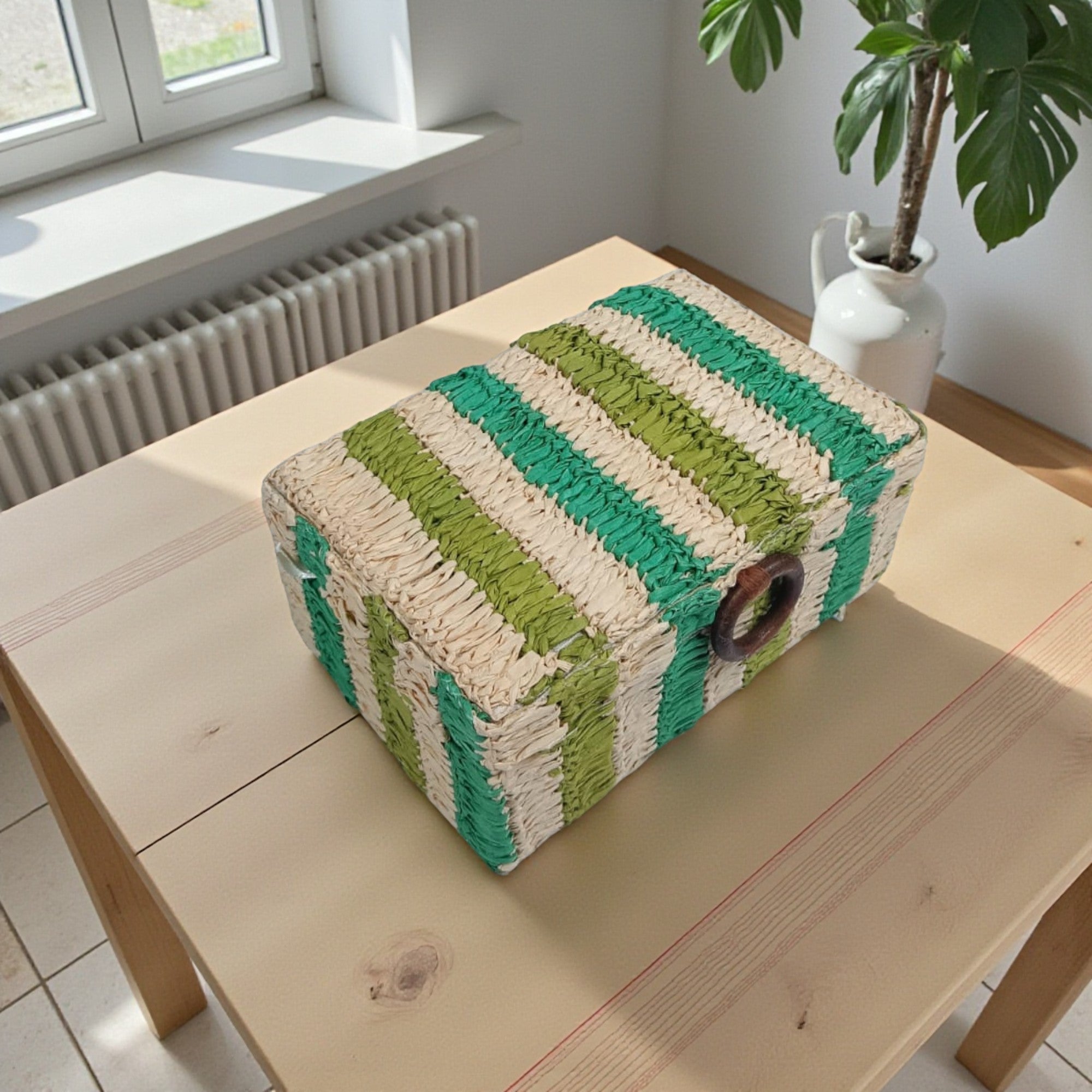 Hand-Woven Straw Storage Box with Green and Cream Stripes and Wooden Ring Closure