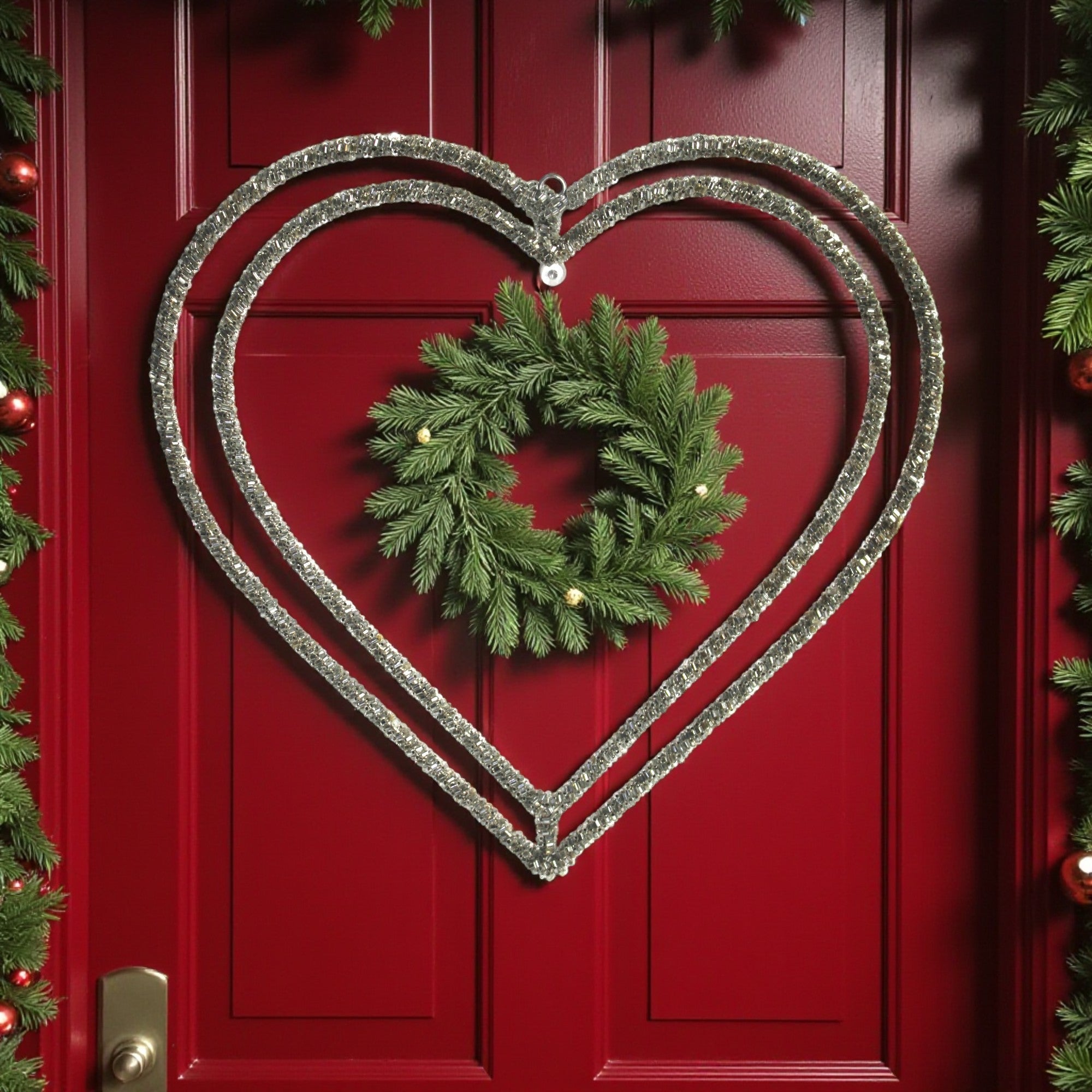 Silver Color Beaded Double Heart Shaped Christmas Hanging Ornament 